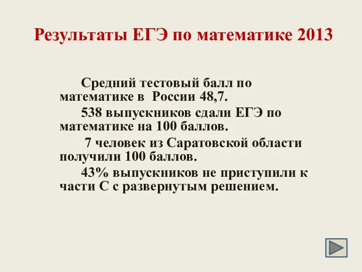 Средний тестовый балл по математике в России 48,7. 538 выпускников сдали