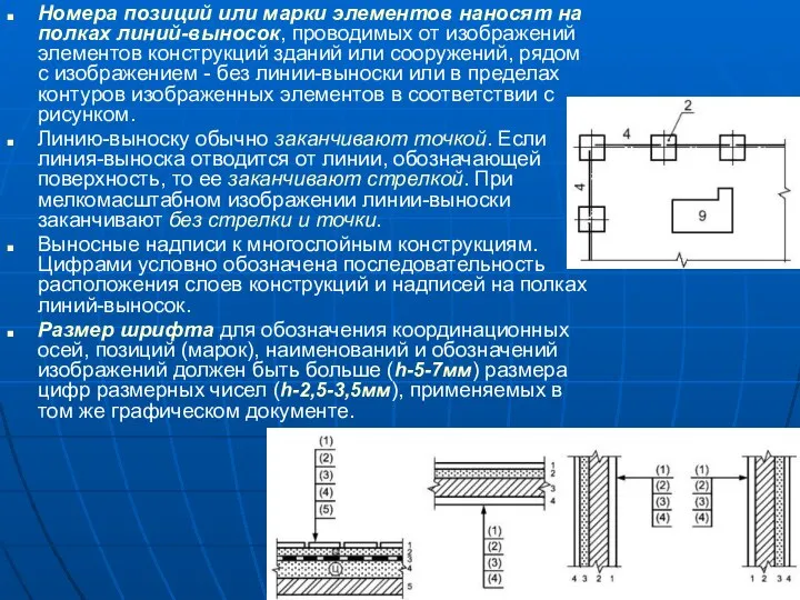 Номера позиций или марки элементов наносят на полках линий-выносок, проводимых от