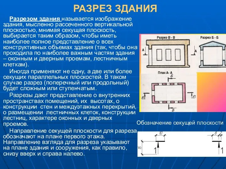 РАЗРЕЗ ЗДАНИЯ Разрезом здания называется изображение здания, мысленно рассеченного вертикальной плоскостью,