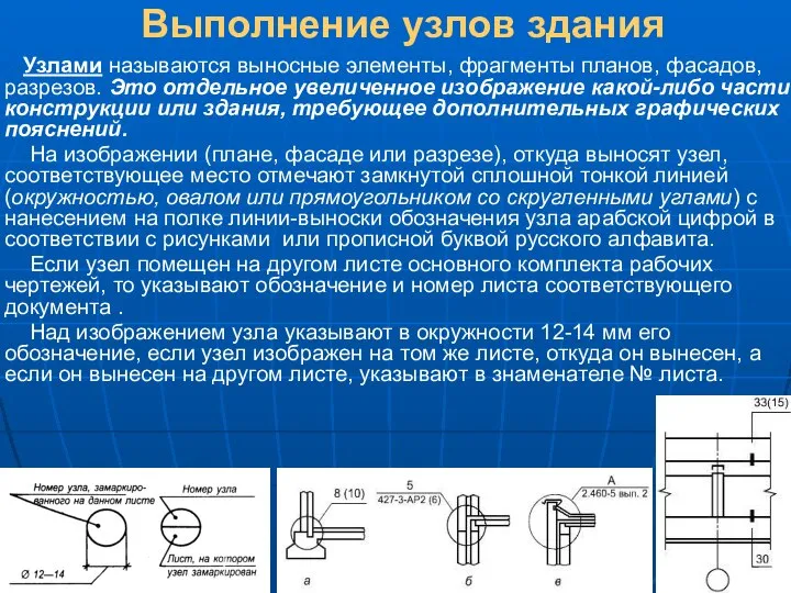 Выполнение узлов здания Узлами называются выносные элементы, фрагменты планов, фасадов, разрезов.