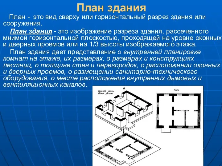 План здания План - это вид сверху или горизонтальный разрез здания
