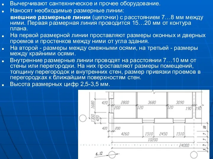 Вычерчивают сантехническое и прочее оборудование. Наносят необходимые размерные линии: внешние размерные