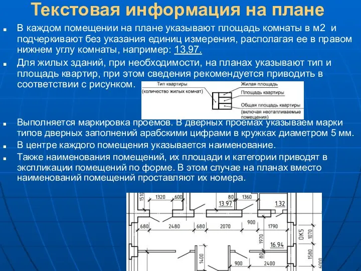 Текстовая информация на плане В каждом помещении на плане указывают площадь