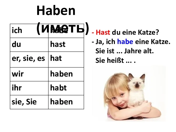 Haben (иметь) Hast du eine Katze? Ja, ich habe eine Katze.