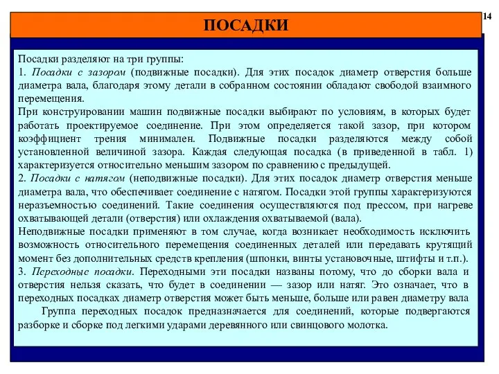 ПОСАДКИ 14 Посадки разделяют на три группы: 1. Посадки с зазором