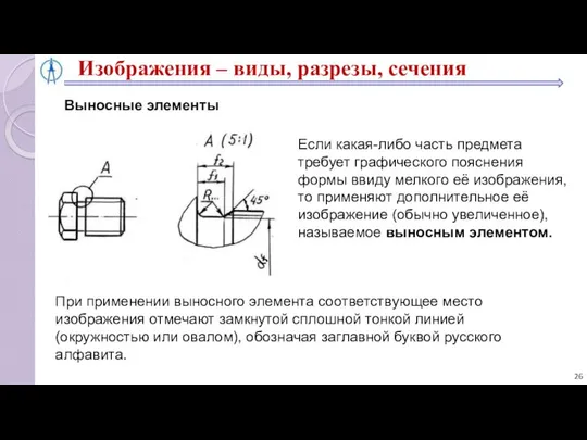 Изображения – виды, разрезы, сечения Выносные элементы Если какая-либо часть предмета