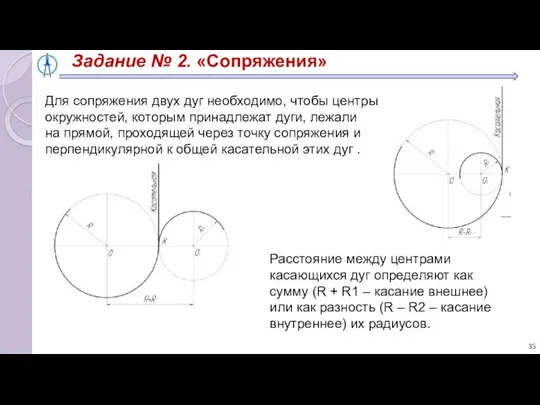 Задание № 2. «Сопряжения» Для сопряжения двух дуг необходимо, чтобы центры