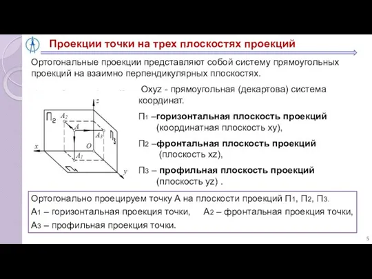 Проекции точки на трех плоскостях проекций Ортогональные проекции представляют собой систему