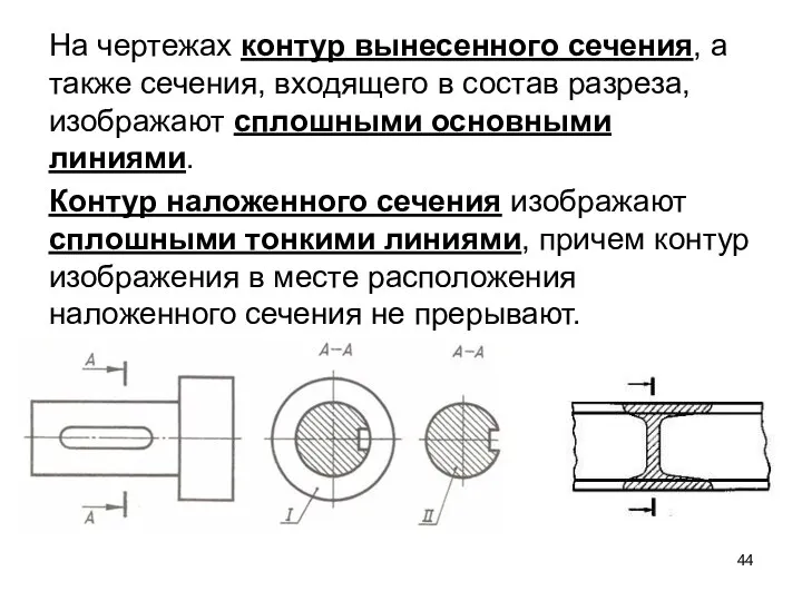 На чертежах контур вынесенного сечения, а также сечения, входящего в состав