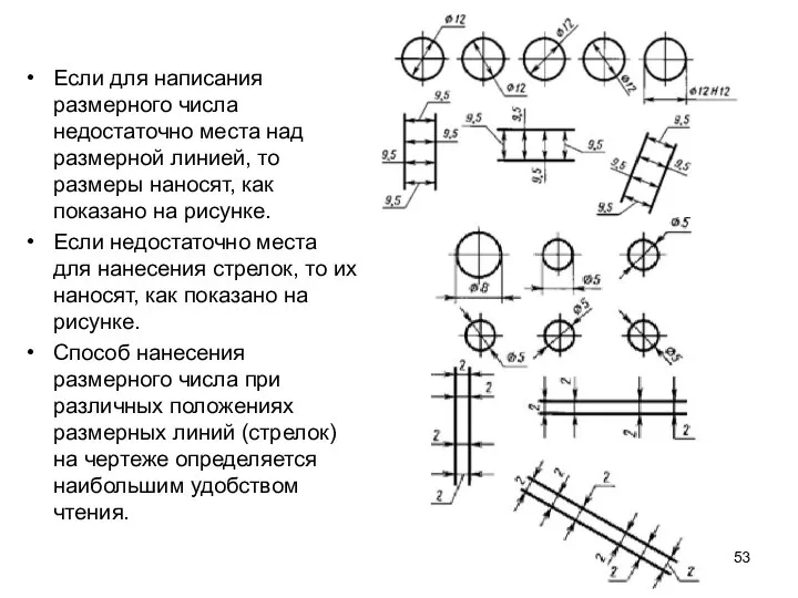 Если для написания размерного числа недостаточно места над размерной линией, то