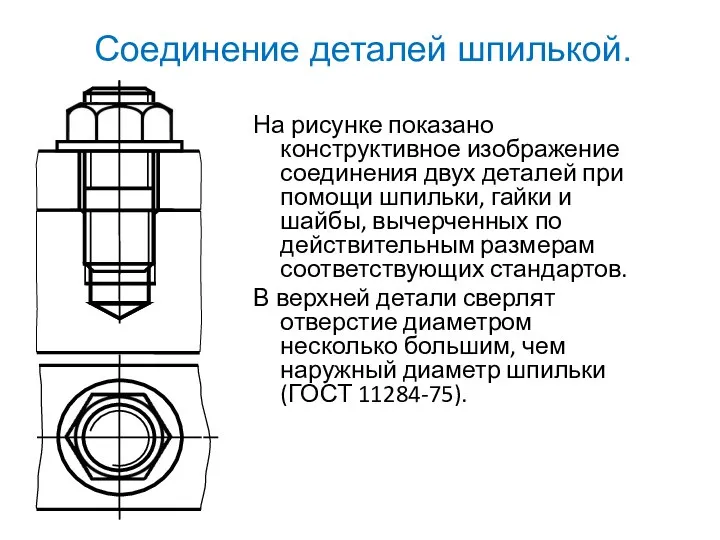 На рисунке показано конструктивное изображение соединения двух деталей при помощи шпильки,