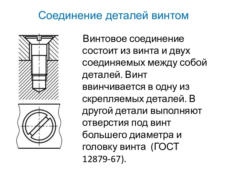 Винтовое соединение состоит из винта и двух соединяемых между собой деталей.