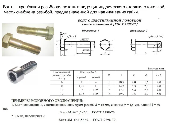 Болт — крепёжная резьбовая деталь в виде цилиндрического стержня с головкой,