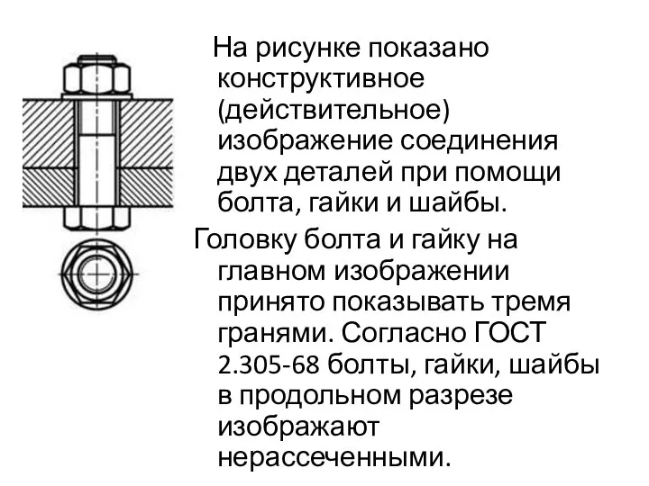 На рисунке показано конструктивное (действительное) изображение соединения двух деталей при помощи