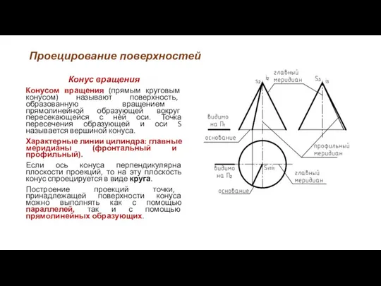 Проецирование поверхностей Конус вращения Конусом вращения (прямым круговым конусом) называют поверхность,