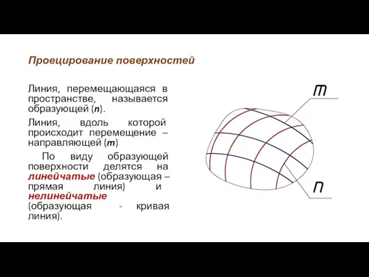 Проецирование поверхностей Линия, перемещающаяся в пространстве, называется образующей (n). Линия, вдоль