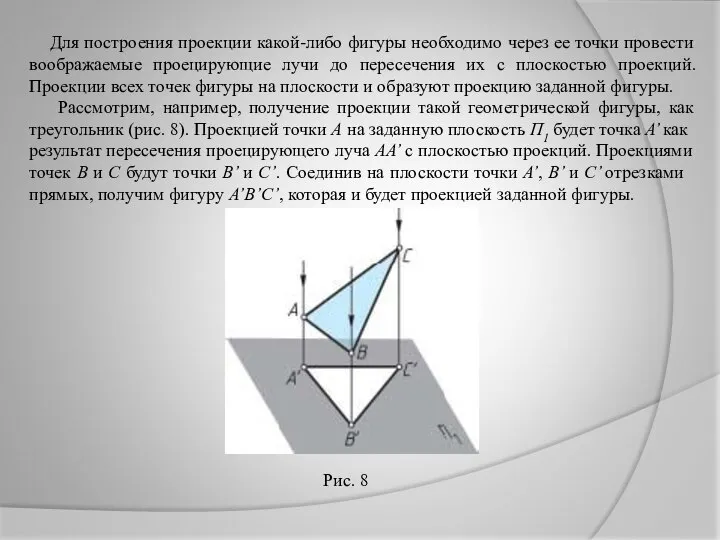 Для построения проекции какой-либо фигуры необходимо через ее точки провести воображаемые