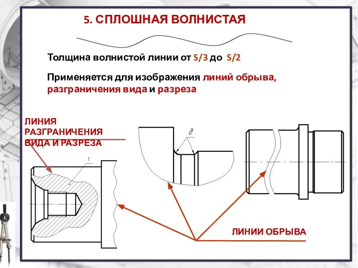 5. СПЛОШНАЯ ВОЛНИСТАЯ ЛИНИЯ Толщина волнистой линии от S/3 до S/2