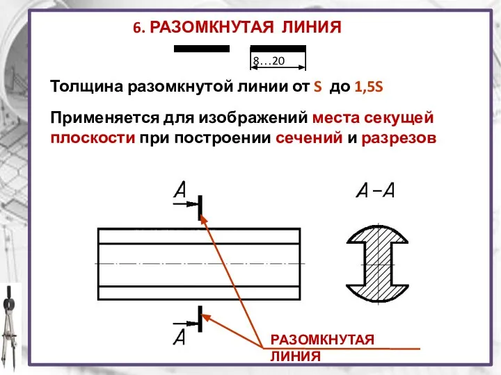 6. РАЗОМКНУТАЯ ЛИНИЯ Толщина разомкнутой линии от S до 1,5S Применяется