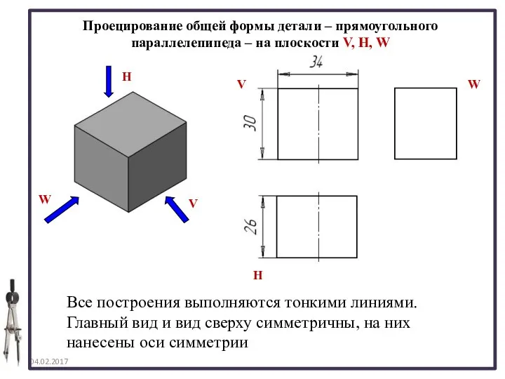 04.02.2017 Проецирование общей формы детали – прямоугольного параллелепипеда – на плоскости