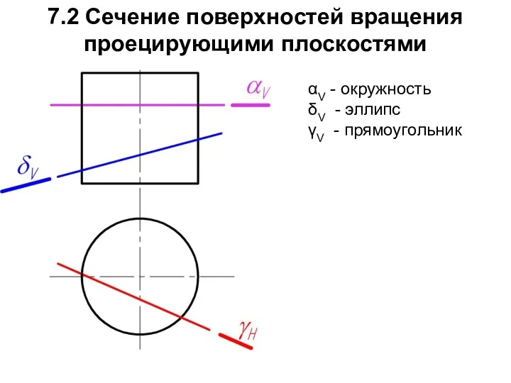 7.2 Сечение поверхностей вращения проецирующими плоскостями αV - окружность δV - эллипс γV - прямоугольник