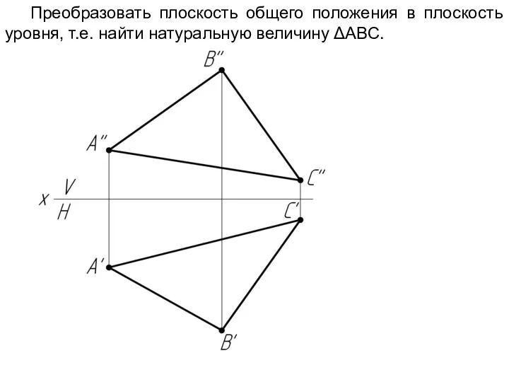Преобразовать плоскость общего положения в плоскость уровня, т.е. найти натуральную величину ΔАВС.