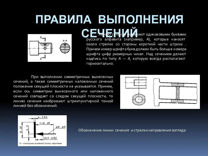 ПРАВИЛА ВЫПОЛНЕНИЯ СЕЧЕНИЙ Линию сечения помечают одинаковыми буквами русского алфавита (например,