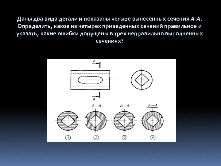 Даны два вида детали и показаны четыре вынесенных сечения А-А. Определить,