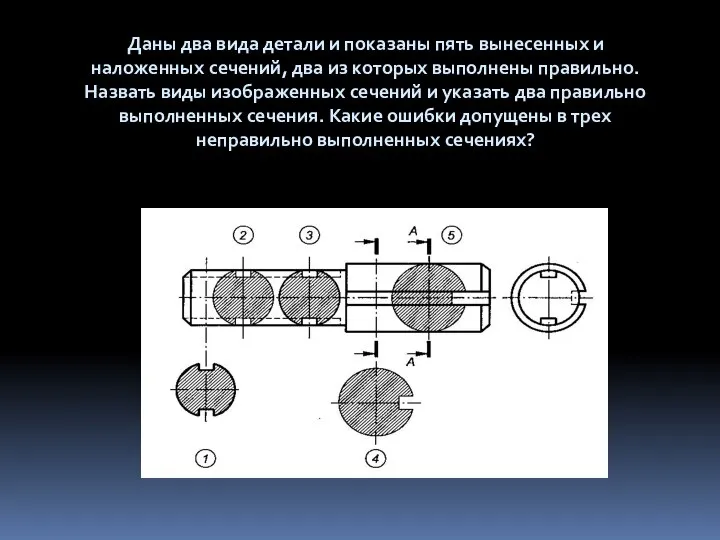 Даны два вида детали и показаны пять вынесенных и наложенных сечений,