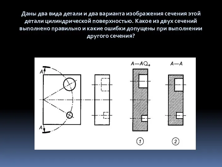 Даны два вида детали и два варианта изображения сечения этой детали