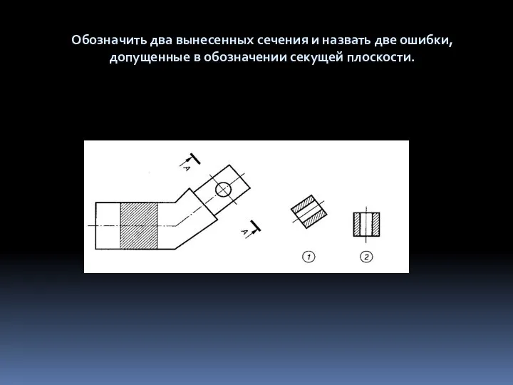 Обозначить два вынесенных сечения и назвать две ошибки, допущенные в обозначении секущей плоскости.