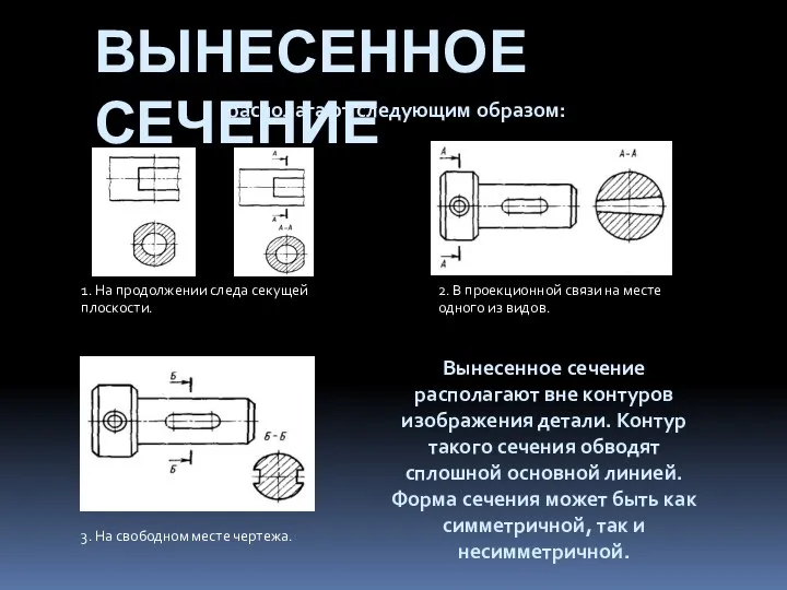 ВЫНЕСЕННОЕ СЕЧЕНИЕ Вынесенное сечение располагают вне контуров изображения детали. Контур такого