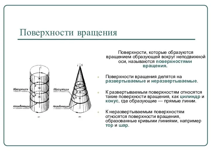 Поверхности вращения Поверхности, которые образуются вращением образующей вокруг неподвижной оси, называются