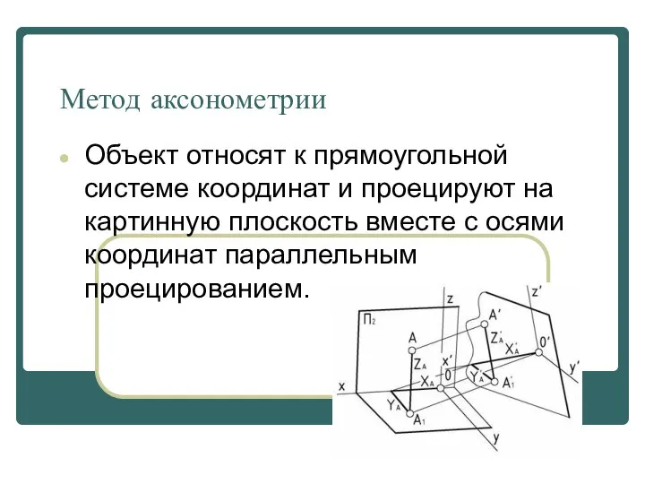 Метод аксонометрии Объект относят к прямоугольной системе координат и проецируют на