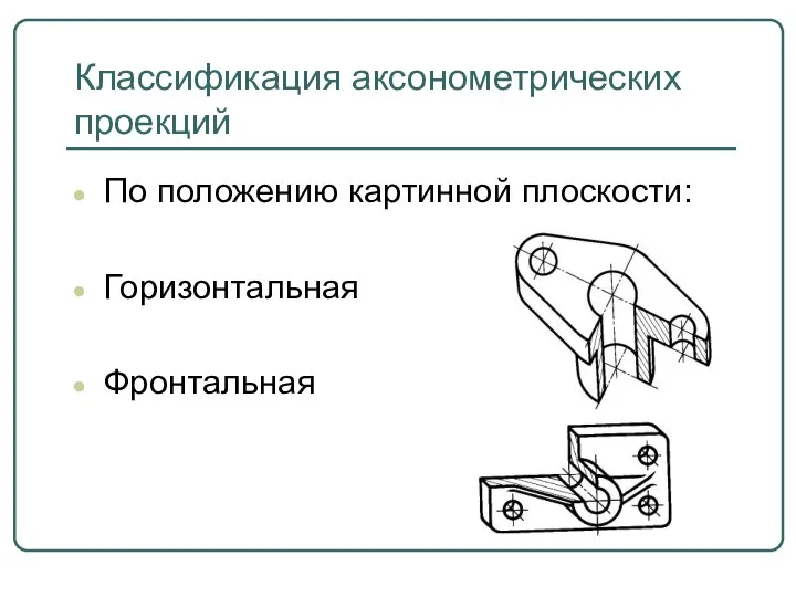 Классификация аксонометрических проекций По положению картинной плоскости: Горизонтальная Фронтальная