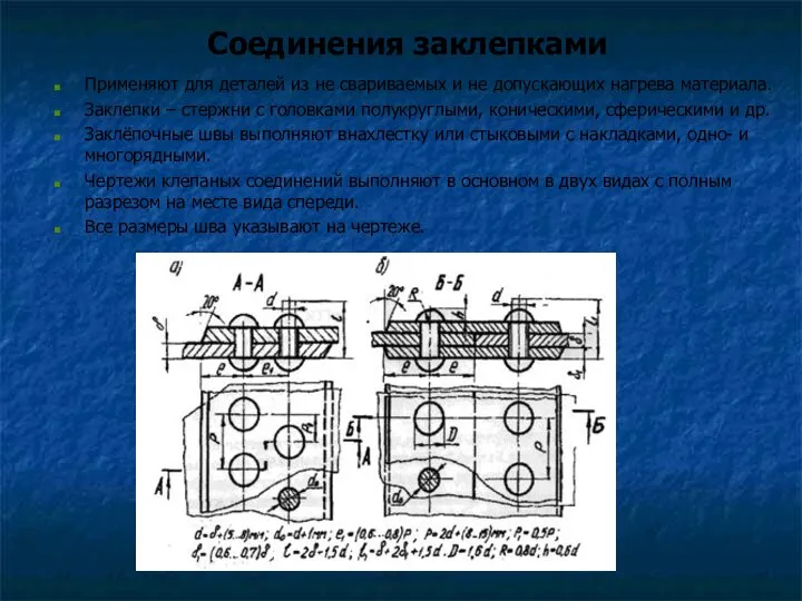 Соединения заклепками Применяют для деталей из не свариваемых и не допускающих