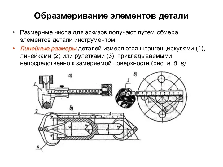 Образмеривание элементов детали Размерные числа для эскизов получают путем обмера элементов