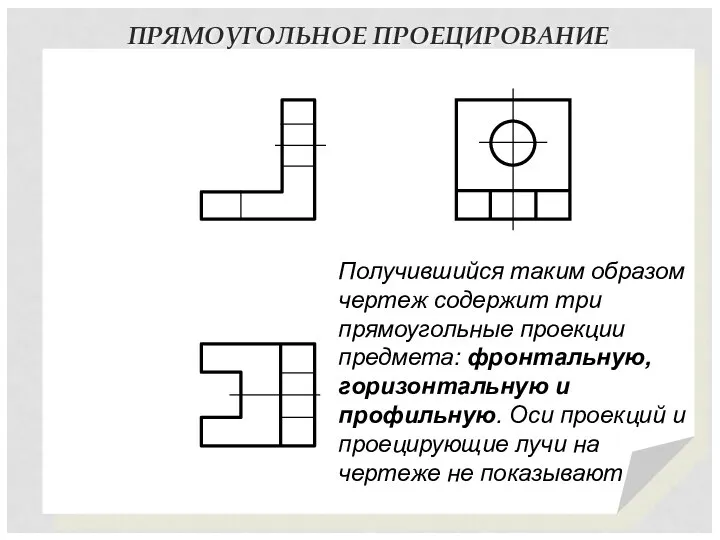 ПРЯМОУГОЛЬНОЕ ПРОЕЦИРОВАНИЕ Получившийся таким образом чертеж содержит три прямоугольные проекции предмета: