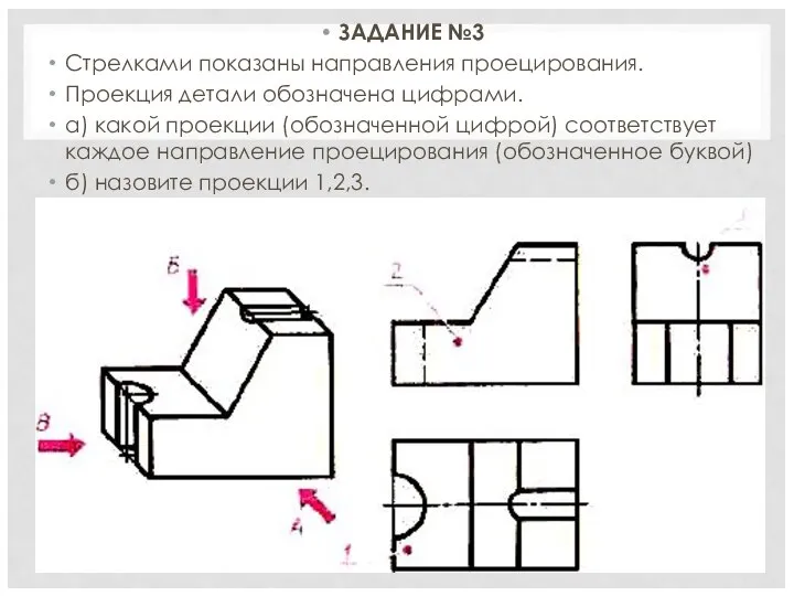 ЗАДАНИЕ №3 Стрелками показаны направления проецирования. Проекция детали обозначена цифрами. а)