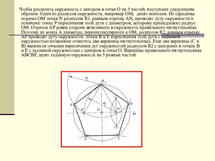 Чтобы разделить окружность с центром в точке О на 5 частей,