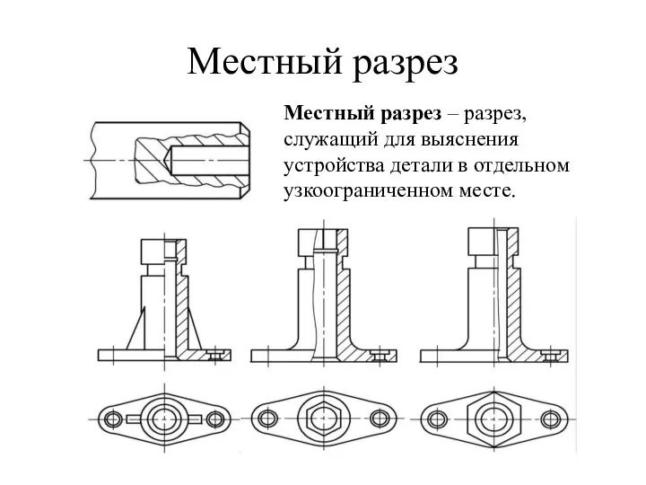 Местный разрез Местный разрез – разрез, служащий для выяснения устройства детали в отдельном узкоограниченном месте.