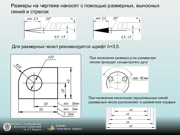 Размеры на чертеже наносят с помощью размерных, выносных линий и стрелок