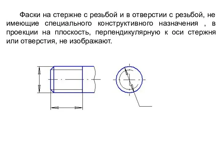 Фаски на стержне с резьбой и в отверстии с резьбой, не