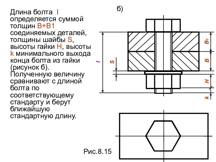 Длина болта l определяется суммой толщин B+B1 соединяемых деталей, толщины шайбы