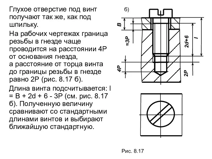 Глухое отверстие под винт получают так же, как под шпильку. На