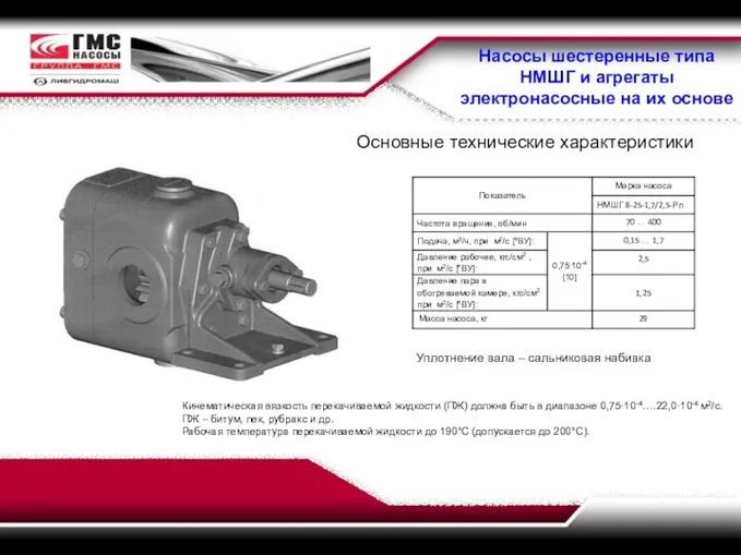 Насосы шестеренные типа НМШГ и агрегаты электронасосные на их основе Основные