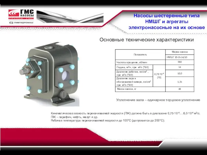 Насосы шестеренные типа НМШГ и агрегаты электронасосные на их основе Основные