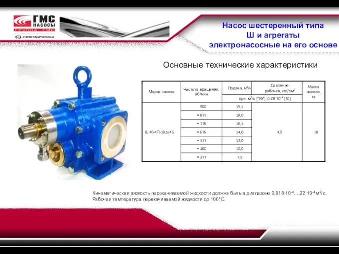 Насос шестеренный типа Ш и агрегаты электронасосные на его основе Основные