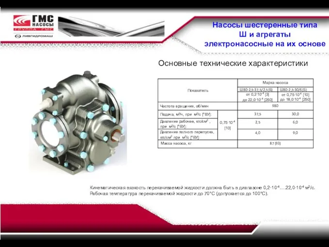 Насосы шестеренные типа Ш и агрегаты электронасосные на их основе Основные