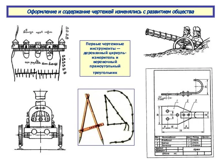 Оформление и содержание чертежей изменялись с развитием общества Первые чертежные инструменты